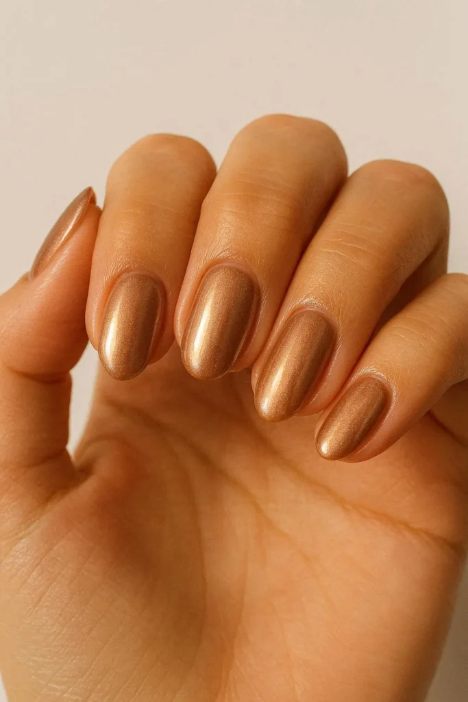 Mocha glazed donut nails warm pearly Italian café inspired finish