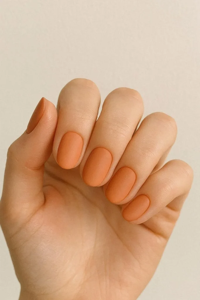 Muted orange plain nail ideas with soft warm subtle simple finish