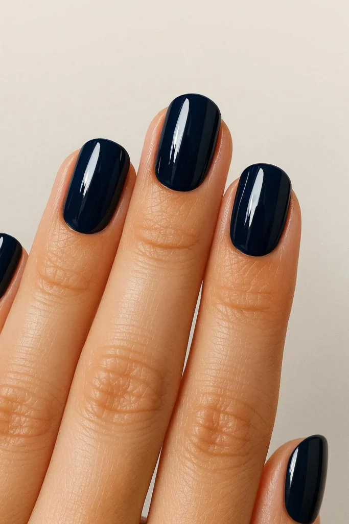 Deep navy blue glossy nails for Memorial Day weekend