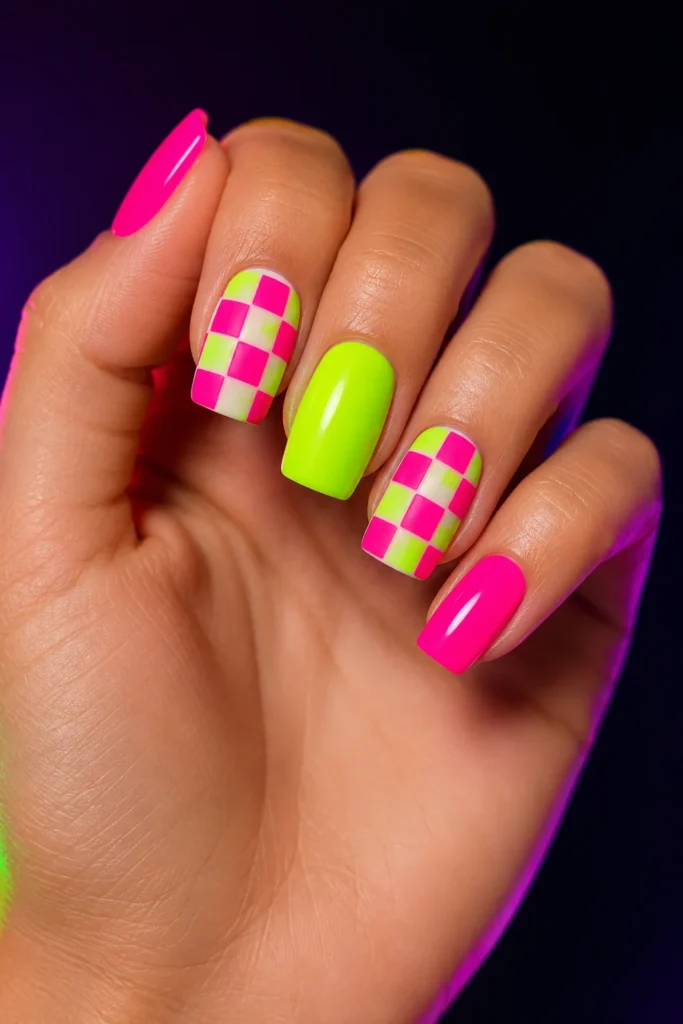 Neon checkerboard nails in electric pink and lime green square shape