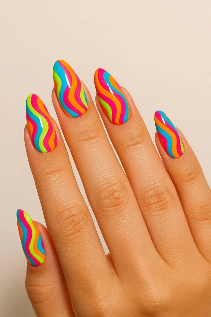 Neon pucci nails with electric bright color swirl combinations