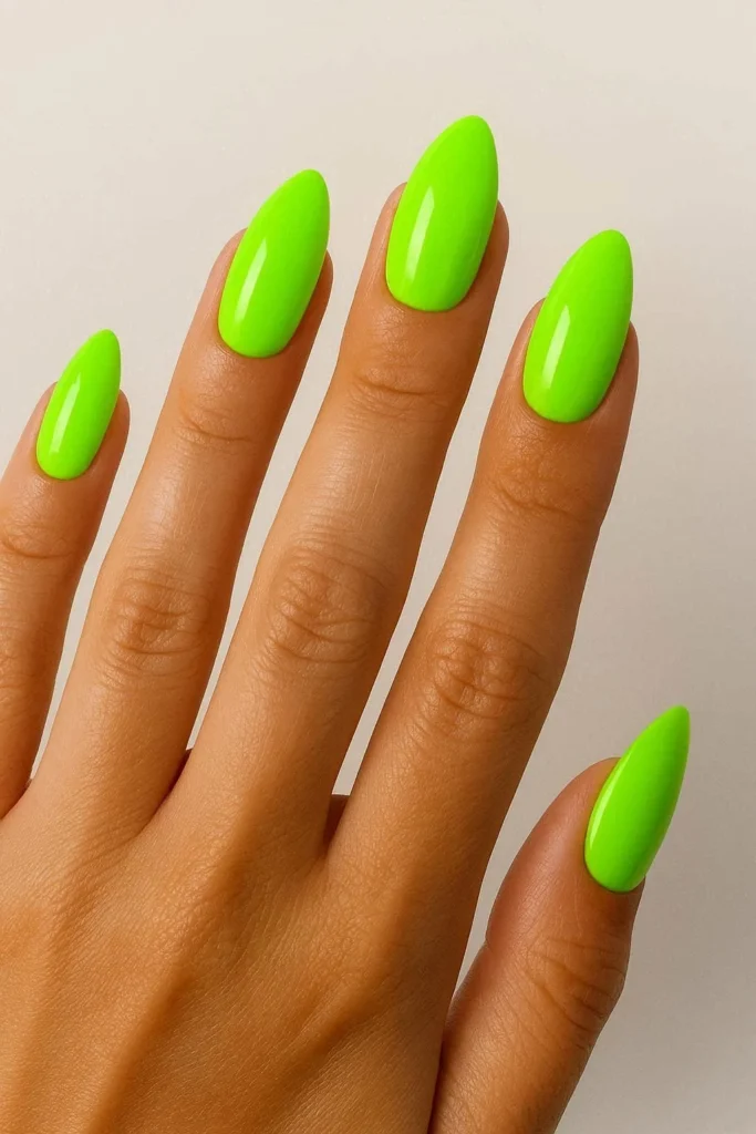 Neon tropical almond nails in bright pink orange and green