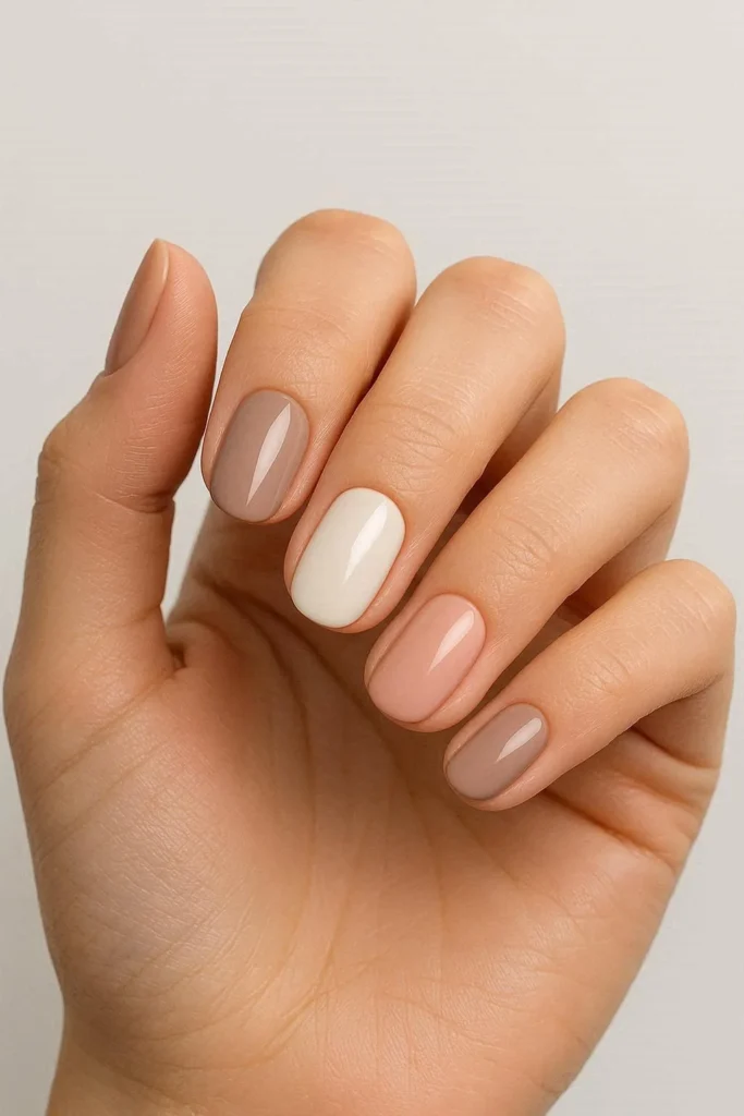 Neutral mixed tone graduation nails in editorial polished style