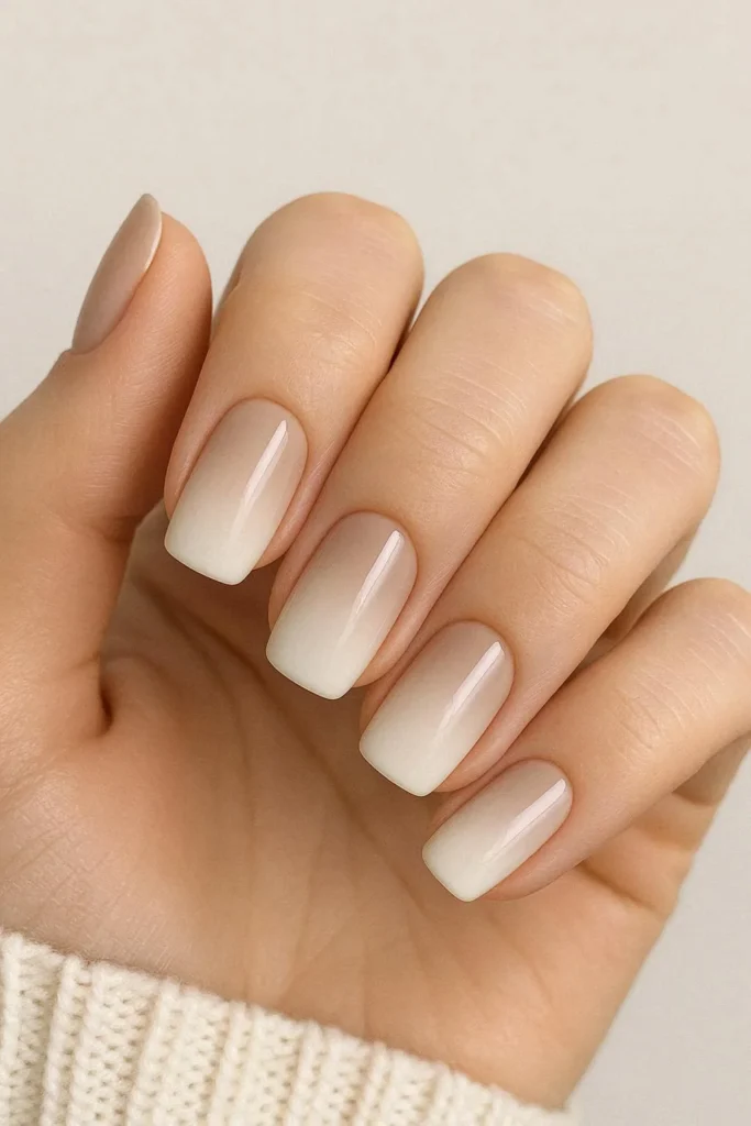 Neutral ombre nails with a soft beige to white gradient