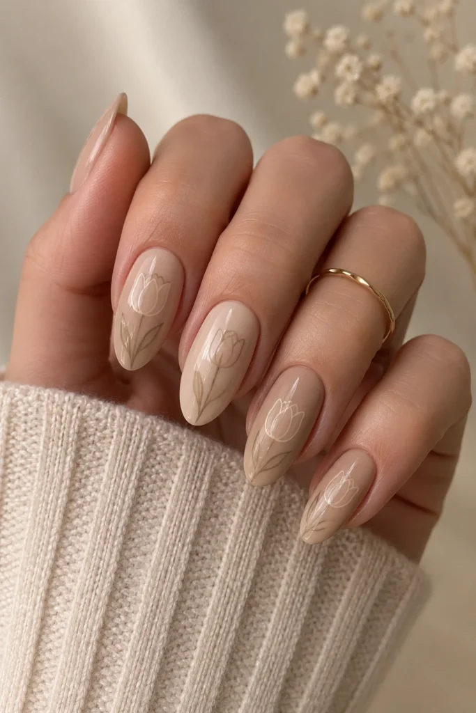  Neutral tulip nails with beige taupe and soft floral accent details
