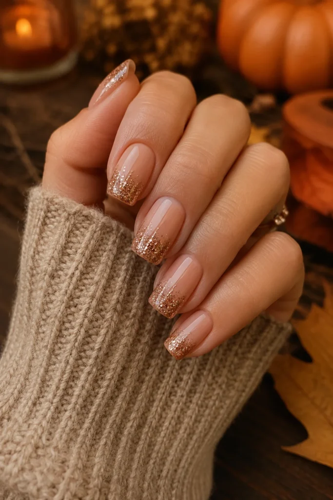 Nude oval nails with copper glitter accent for fall Thanksgiving