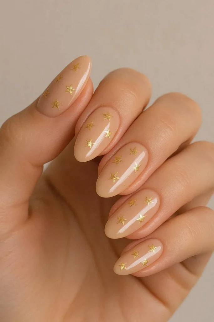 Nude almond nails with delicate gold star details holiday look