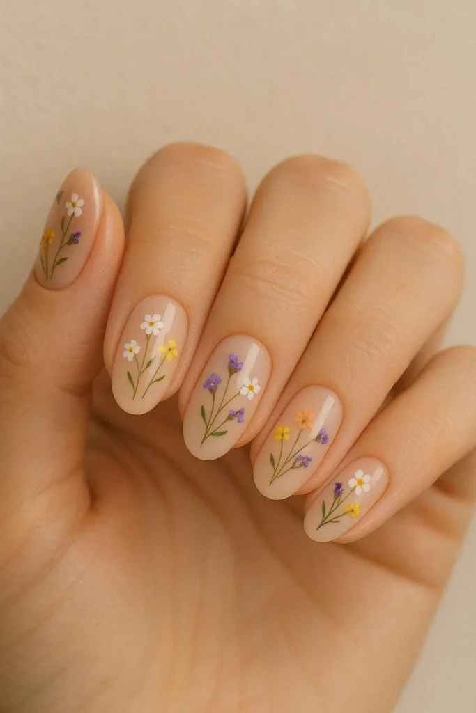  Nude wildflower nails with subtle floral accents on neutral base 