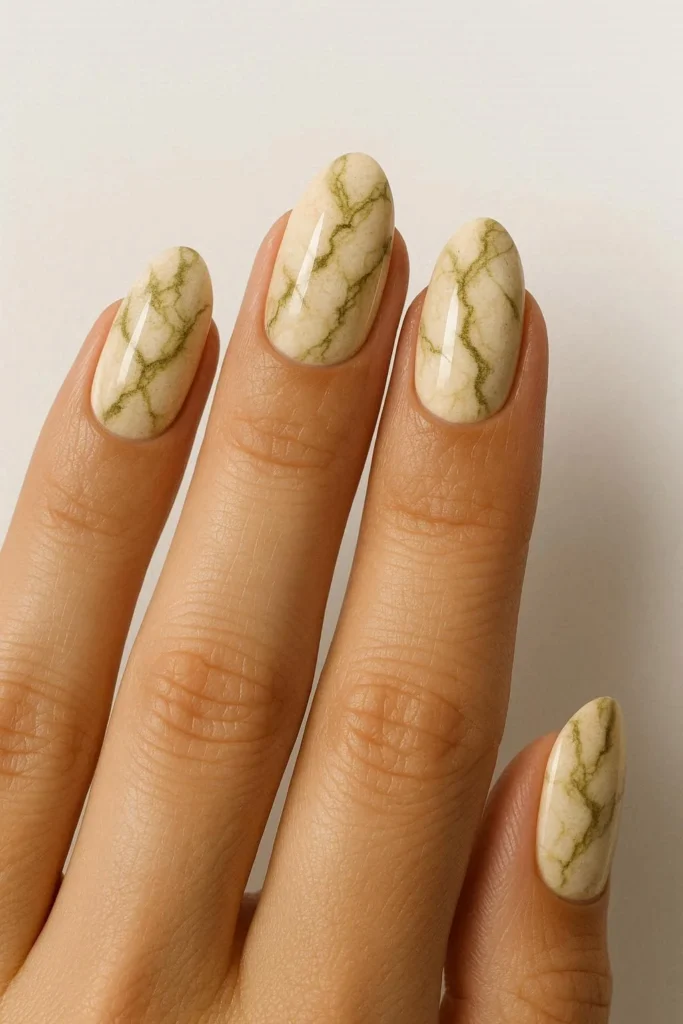 Olive and cream marble nails earthy Mediterranean villa inspired