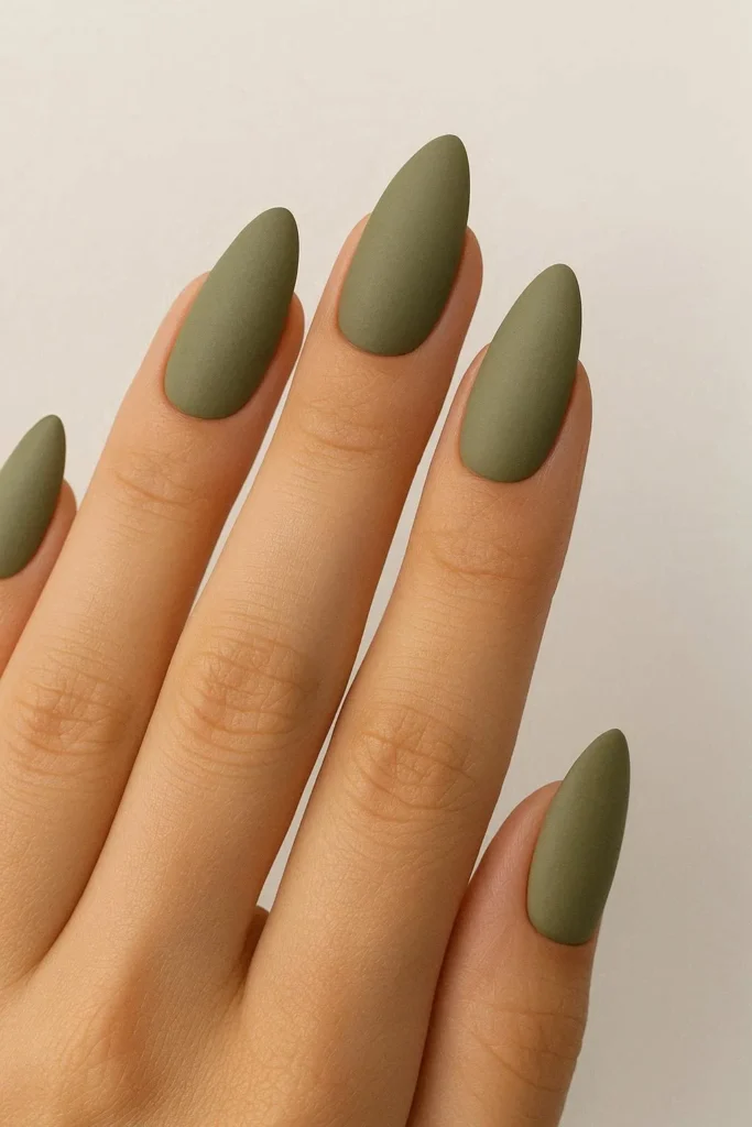 Olive green almond shaped nails for autumn manicure