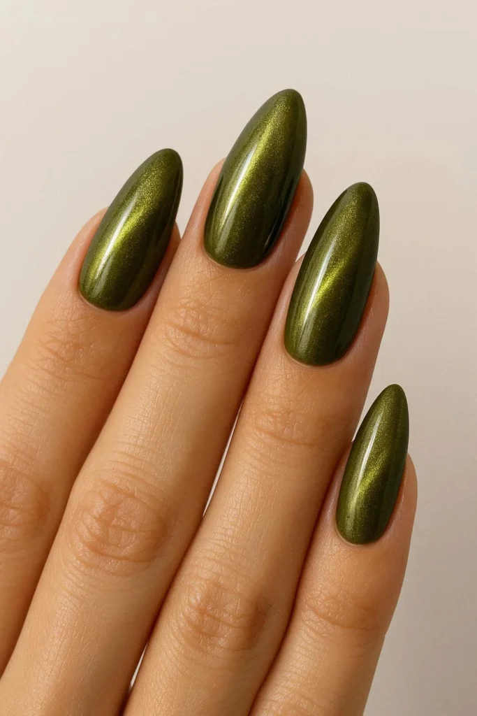 Olive green cat eye nails magnetic shimmer earthy Y2K trend
