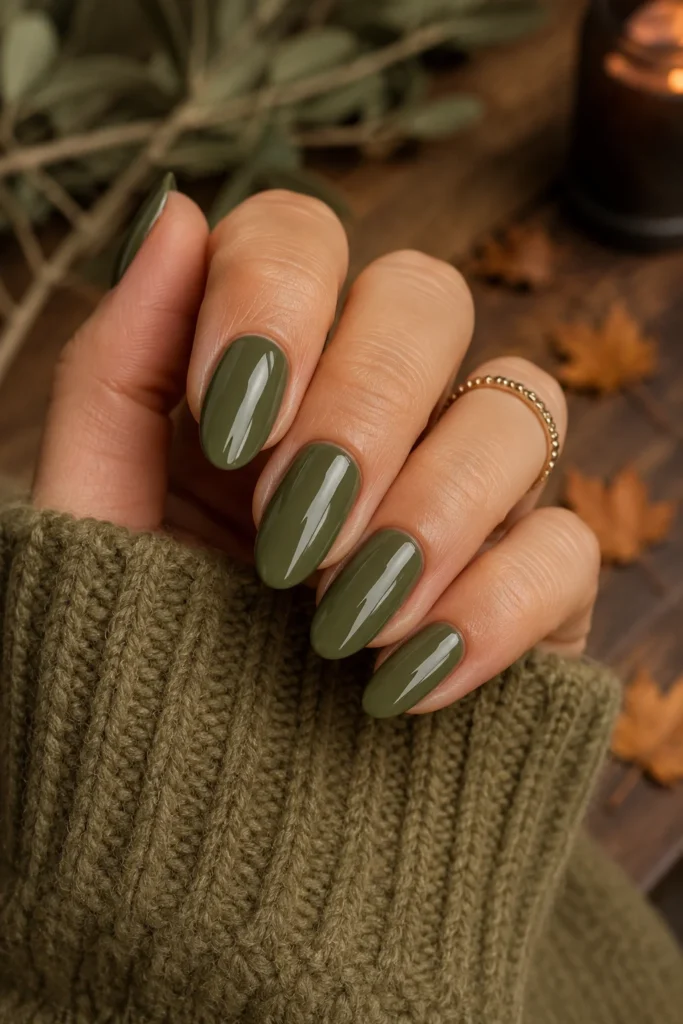 Olive green high-gloss almond nails for earthy autumn manicure