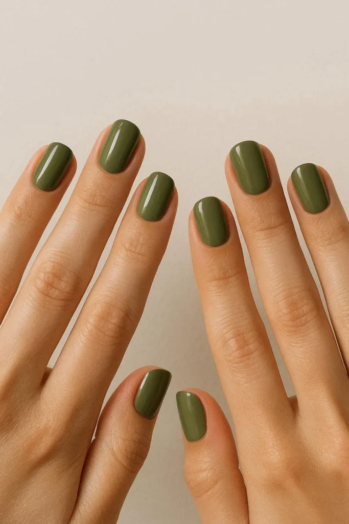 Olive green plain nail ideas with earthy muted minimal finish