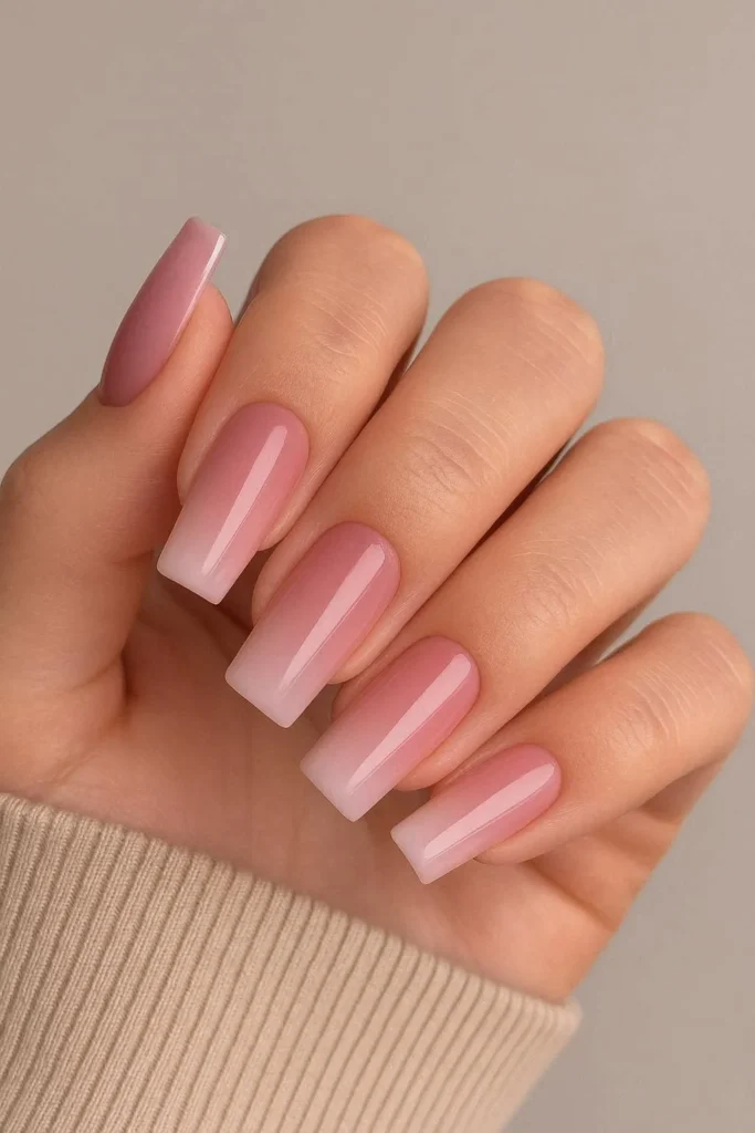 Ombre pink gradient square nails blush to white romantic manicure
