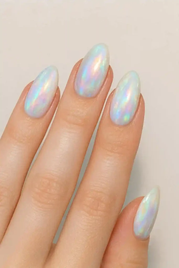 Opal chrome nails with multi-color shifting iridescent finish