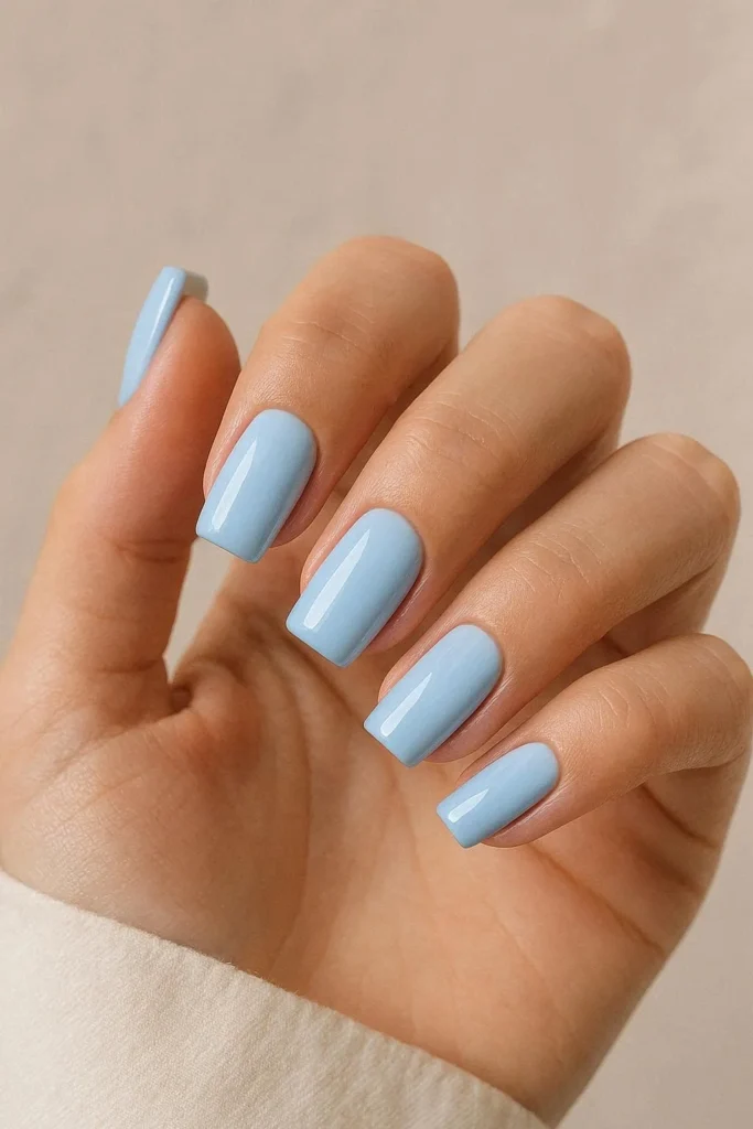  Pastel blue square nails soft sky blue gel glossy finish
