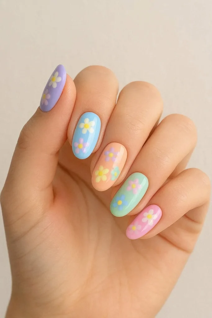 Soft pastel festival nails in lavender peach and mint shades