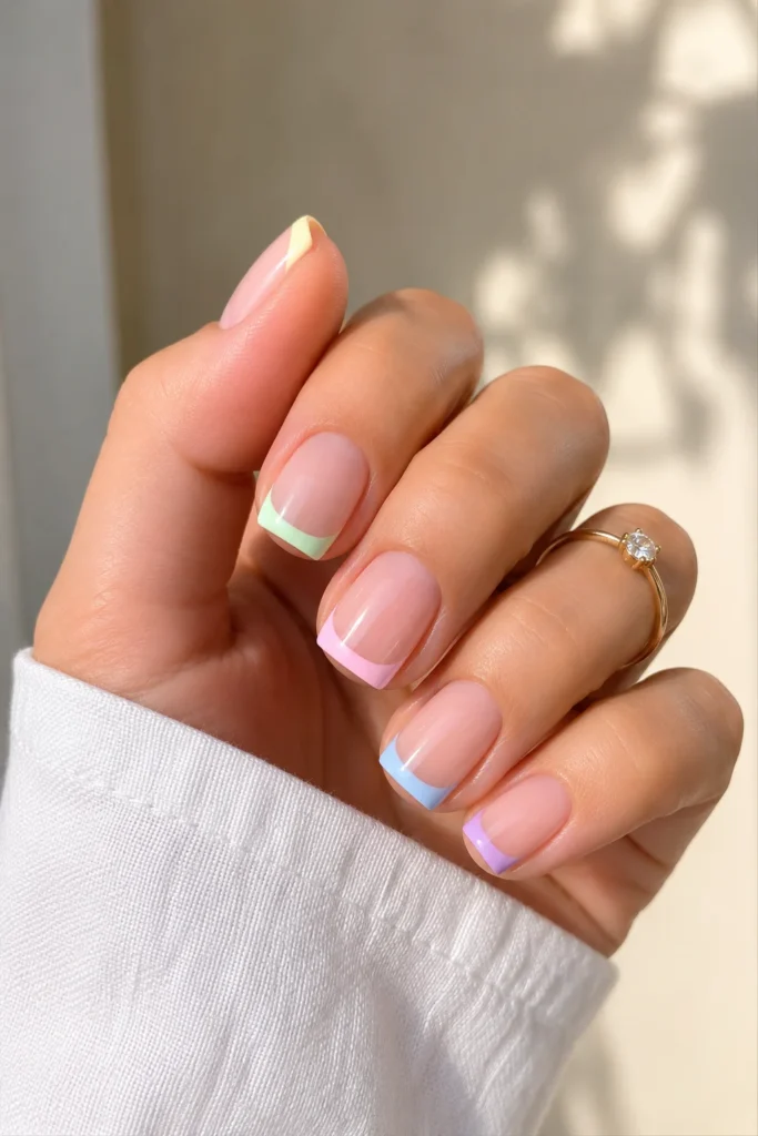 Pastel French tip nails soft colorful summer manicure
