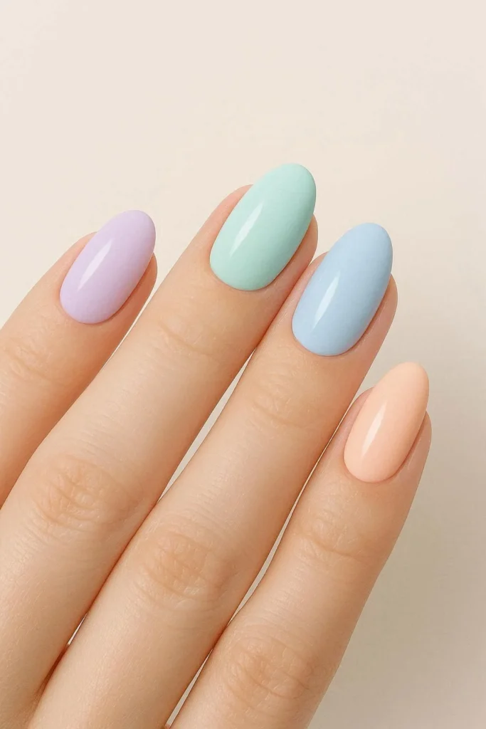  Pastel oval nails in soft lavender mint and baby blue shades