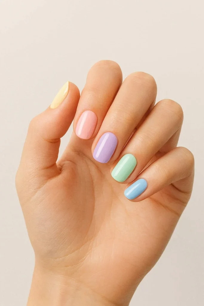 Pastel rainbow nails with different colors on each finger