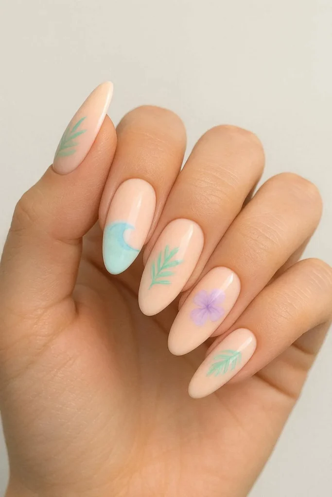 Pastel tropical almond nails in soft mint peach blue and lavender shades 
