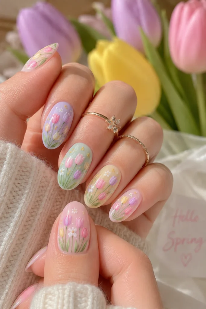 Pastel tulip nail designs in lavender mint blush and yellow shades