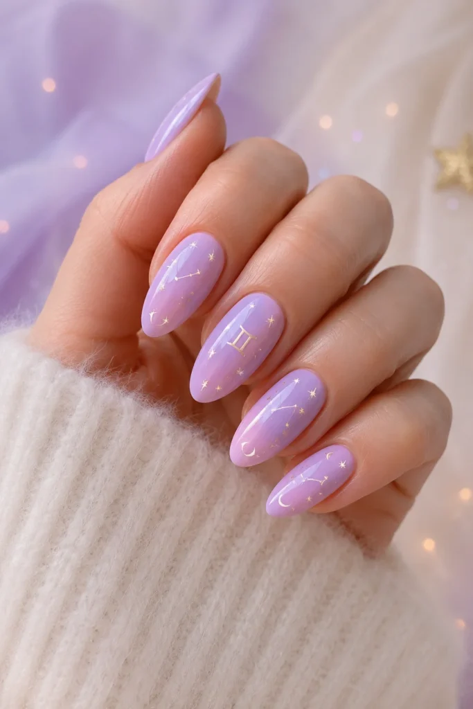 Pastel zodiac nails with soft dreamy colors and celestial art
