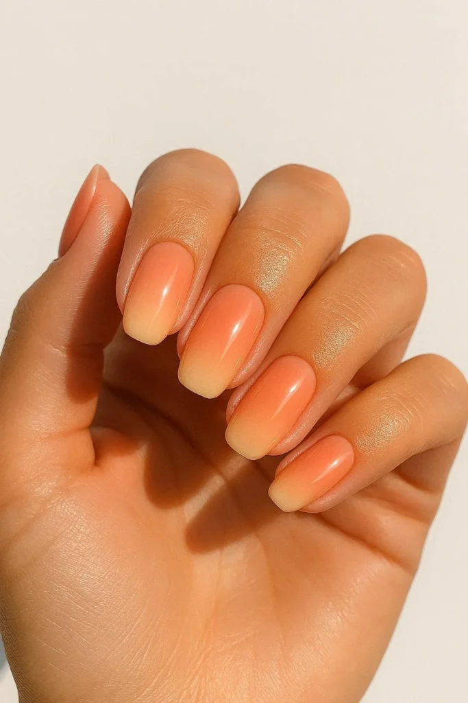 Soft peach ombre gradient nails with glossy spring finish