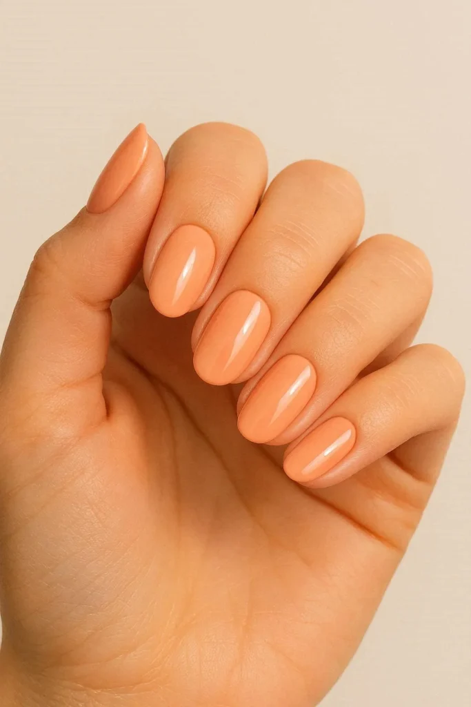 Peach tone nails in a warm soft shade with glossy finish 