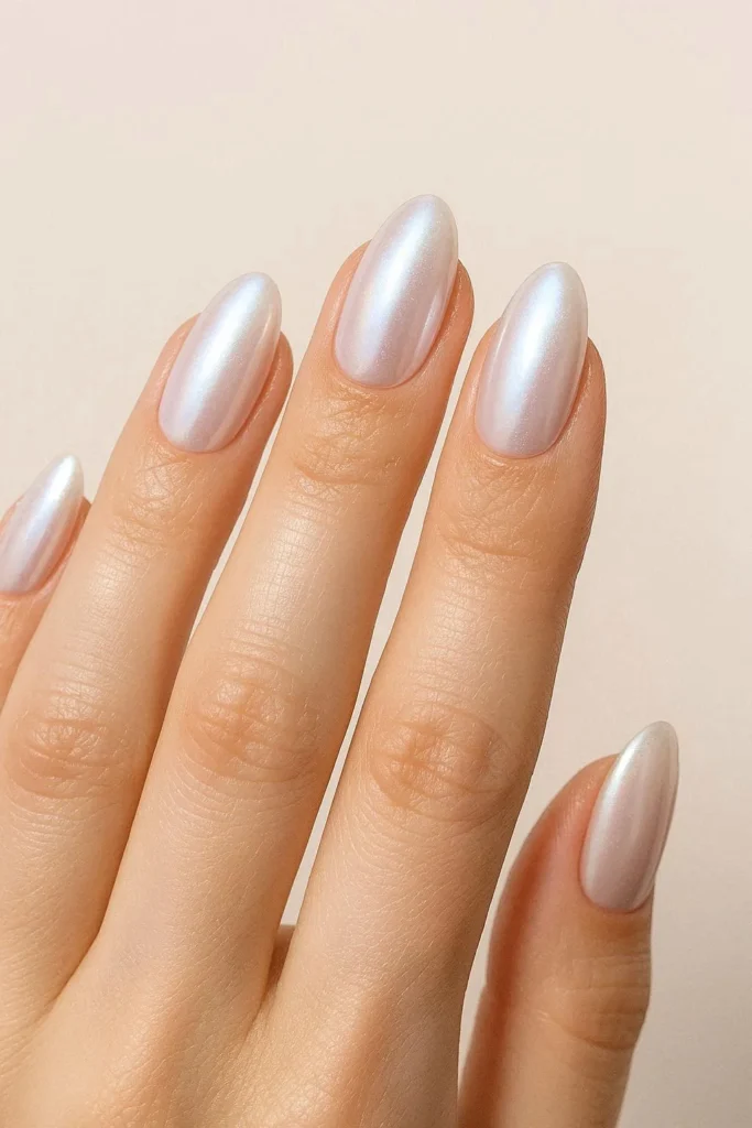 Pearl chrome graduation nails with iridescent soft glowing finish