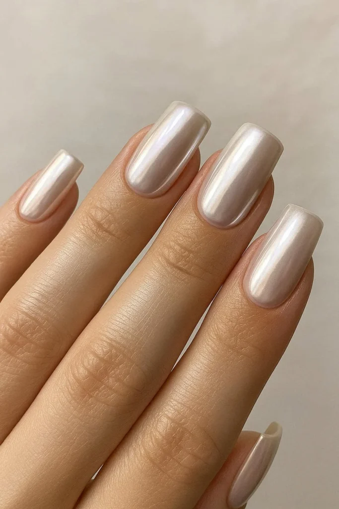 Pearl chrome square nails soft luminous satin metallic finish 