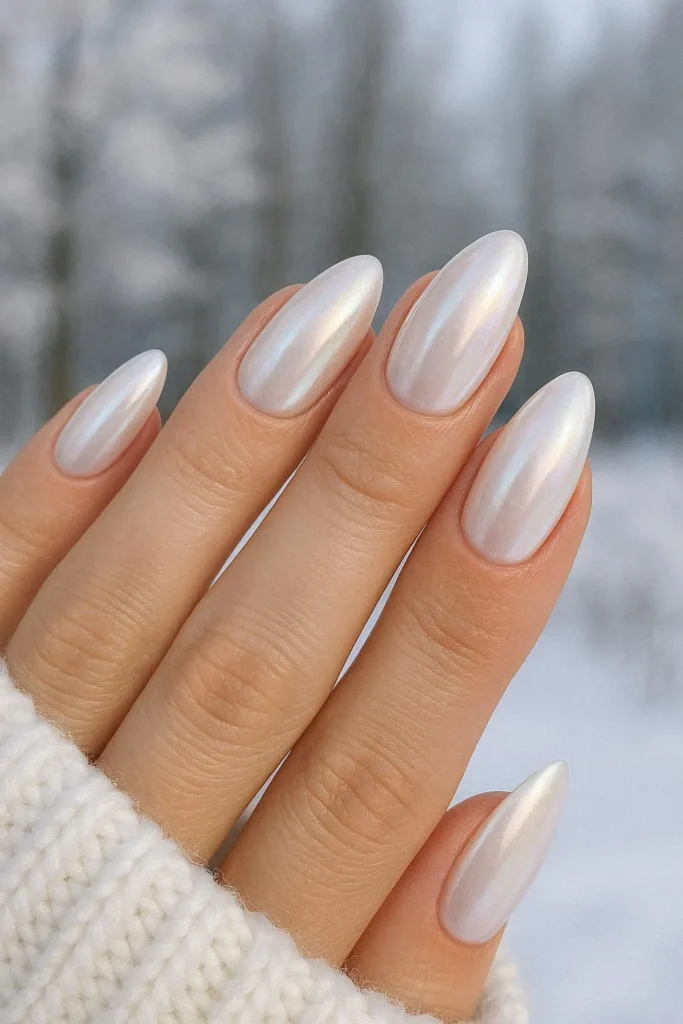 Pearl chrome iridescent white almond nails for winter season