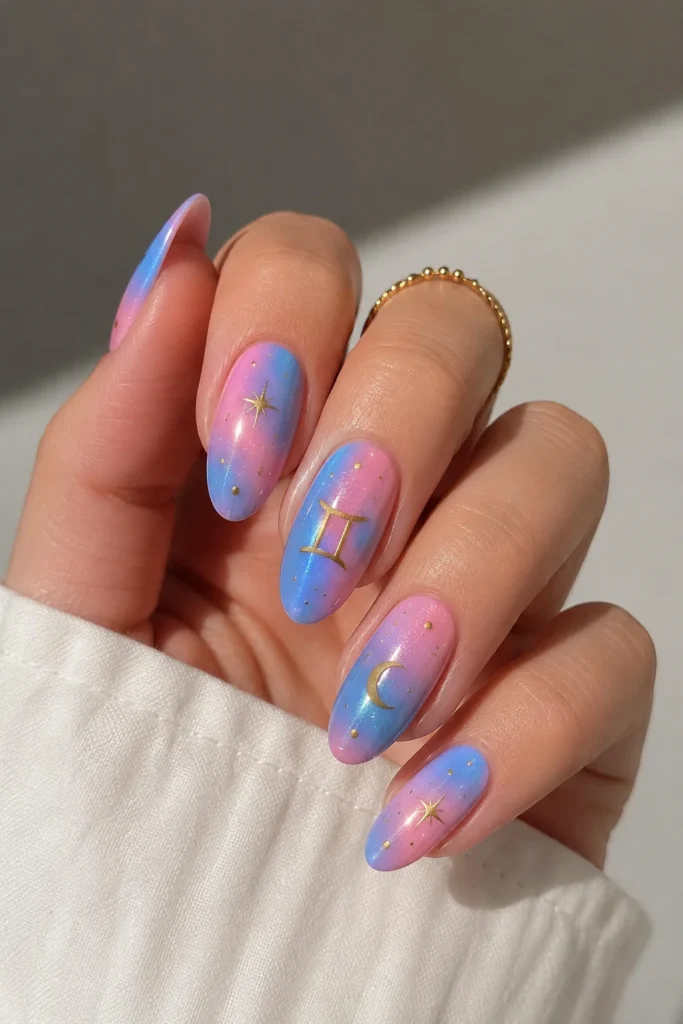 Pink and blue Gemini nails with contrasting playful pastel combination 