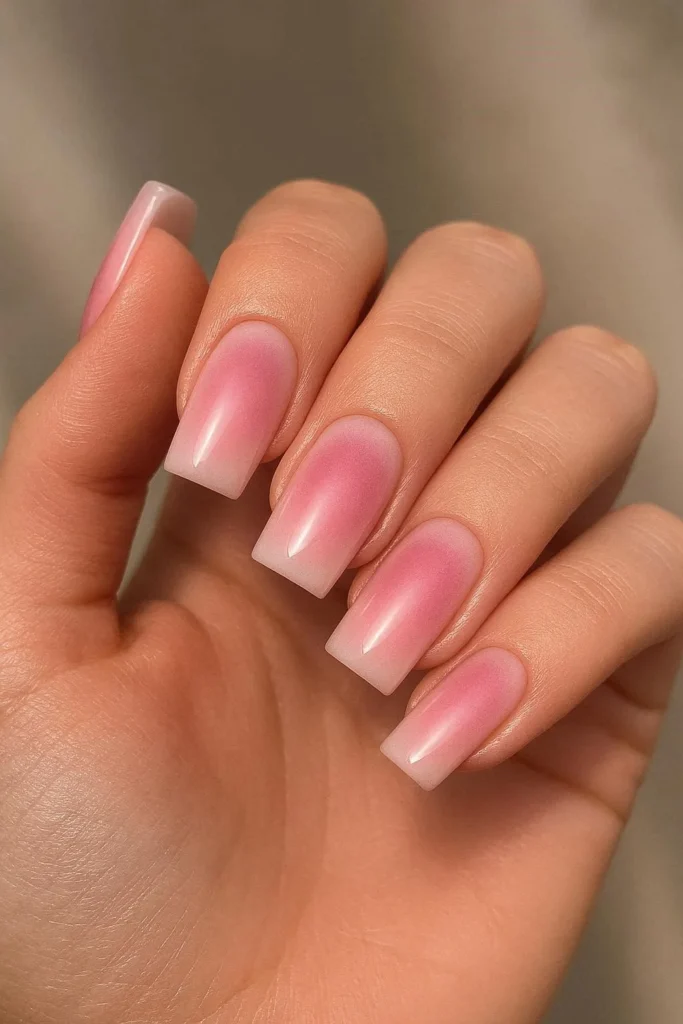 Pink aura gradient square nails soft dreamy cloud effect 