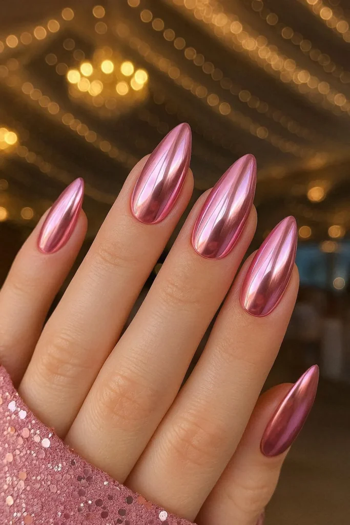 Pink chrome almond nails for homecoming dance night