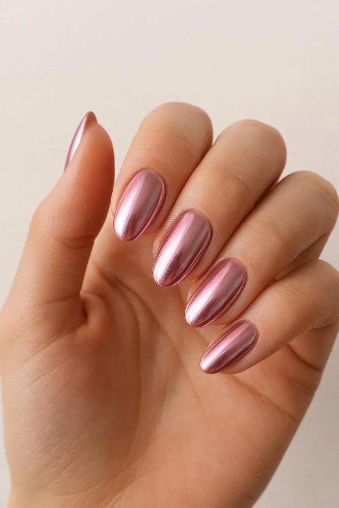 Reflective pink chrome nails with futuristic glam finish