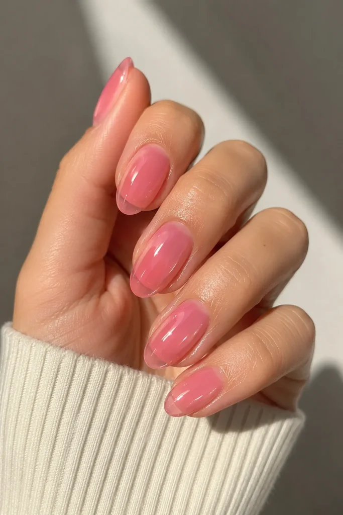 Pink jelly nails sheer translucent glossy summer finish 