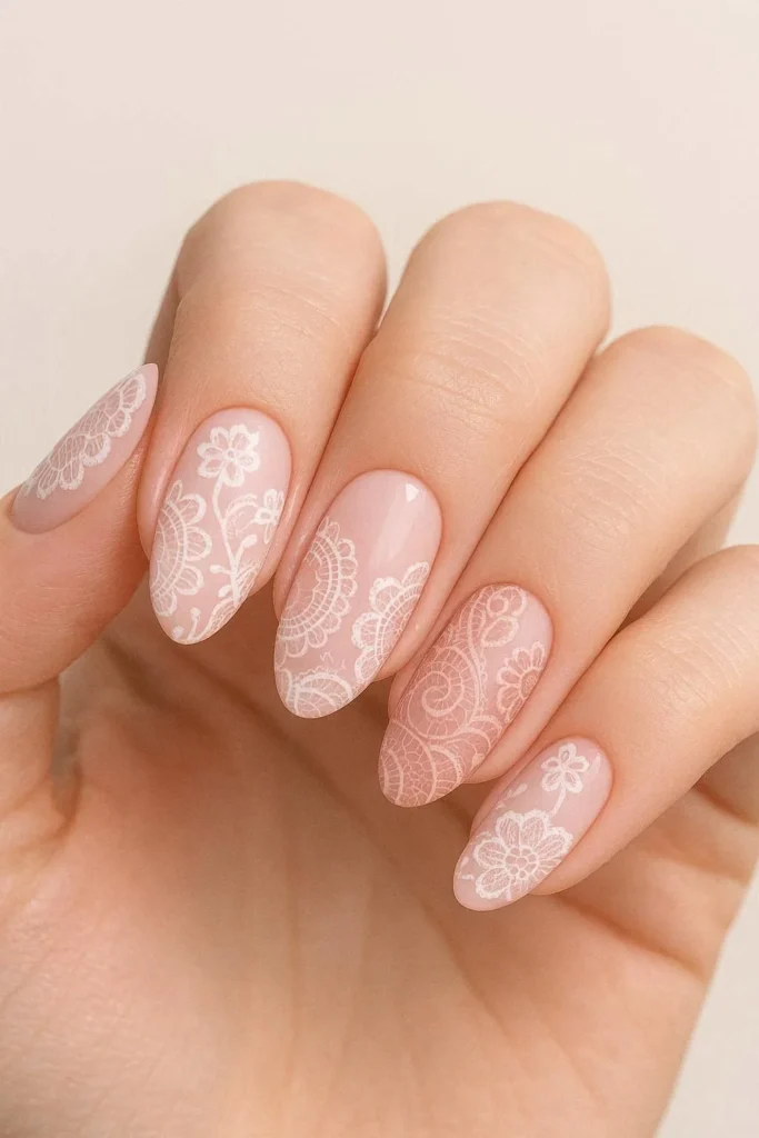 Romantic blush pink lace nail designs with soft delicate overlay