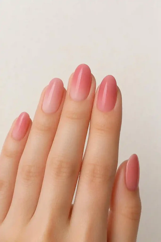 Soft pink ombre gradient nails blending blush rose tones 