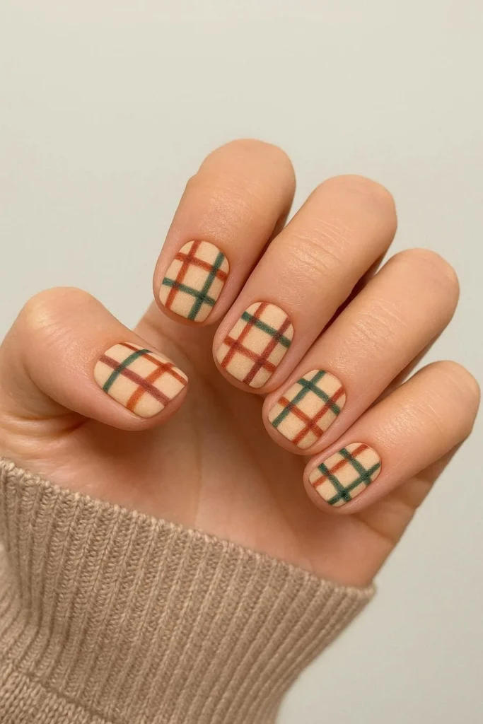 Plaid sweater pattern nail art for October fall nails