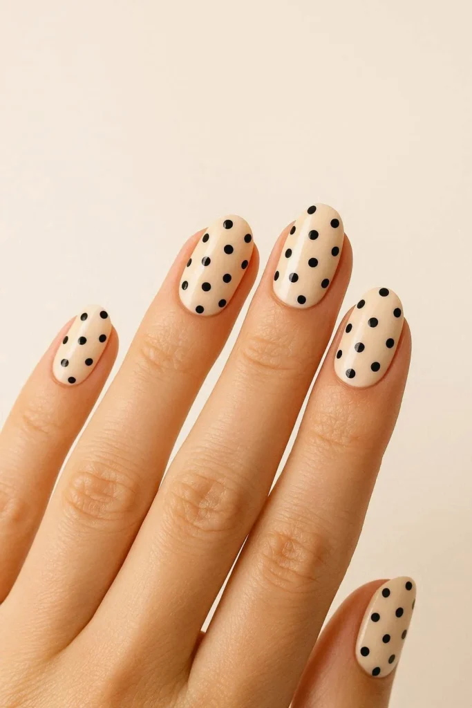 Cute polka dot nails on a neutral base for beginners 