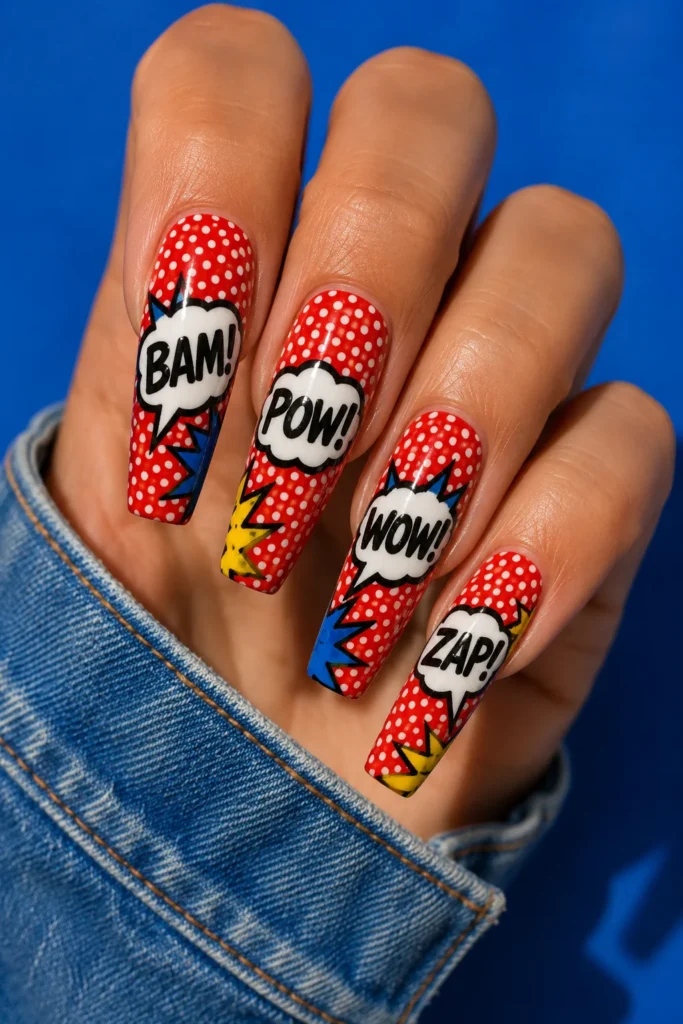 Pop art comic nails with bold outlines and halftone dots on coffin shape 