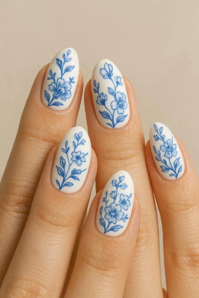 Porcelain-inspired blue floral pattern on white nail base 