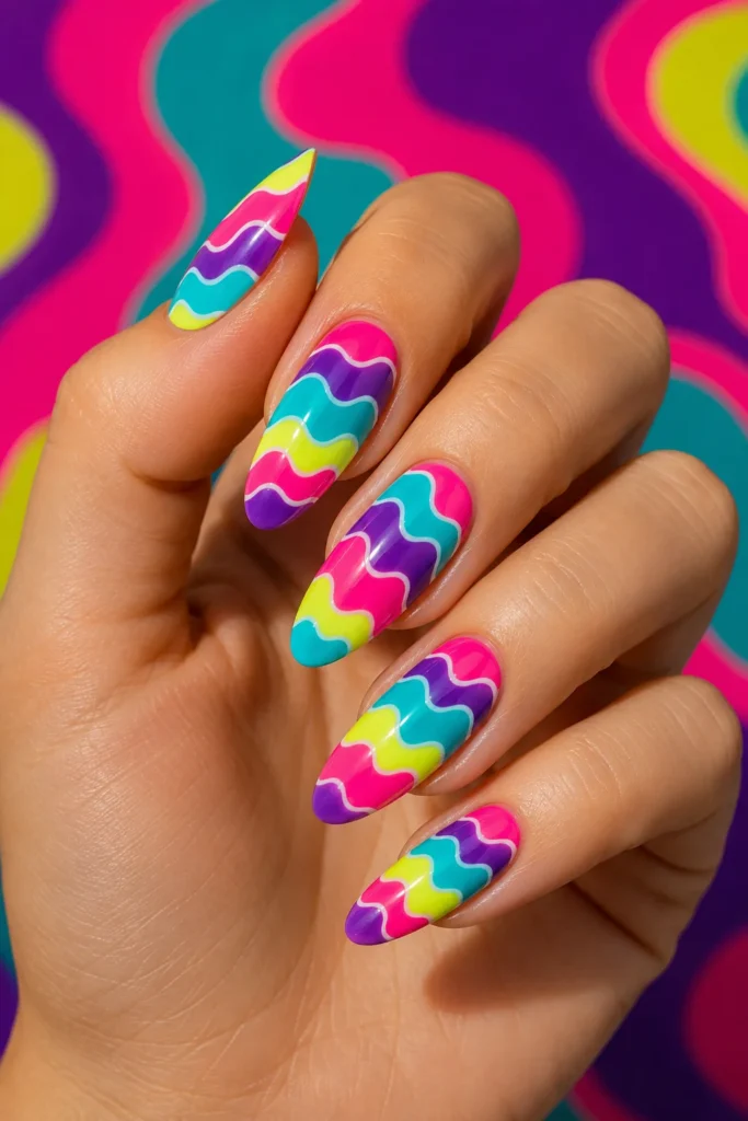 Psychedelic wave nails in swirling neon colors on almond shape