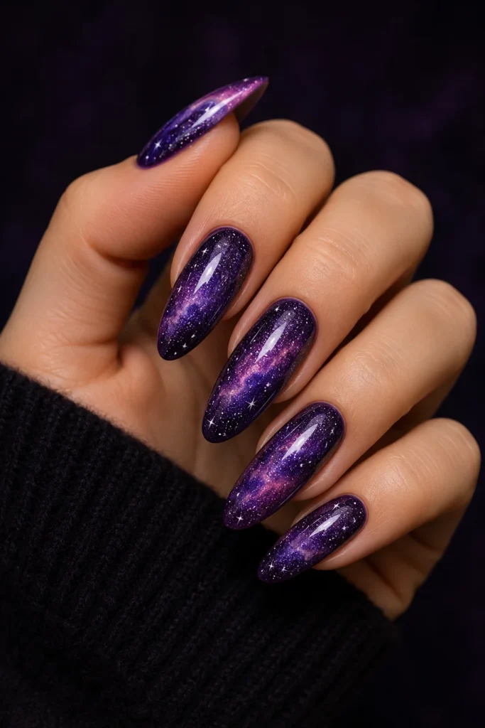 Purple galaxy nails with cosmic shimmer and nebula-inspired shades
