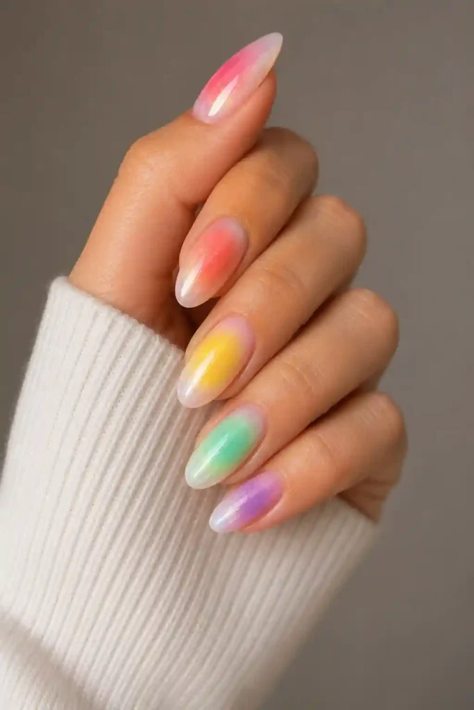 Rainbow aura nails colorful blurred gradient summer set 