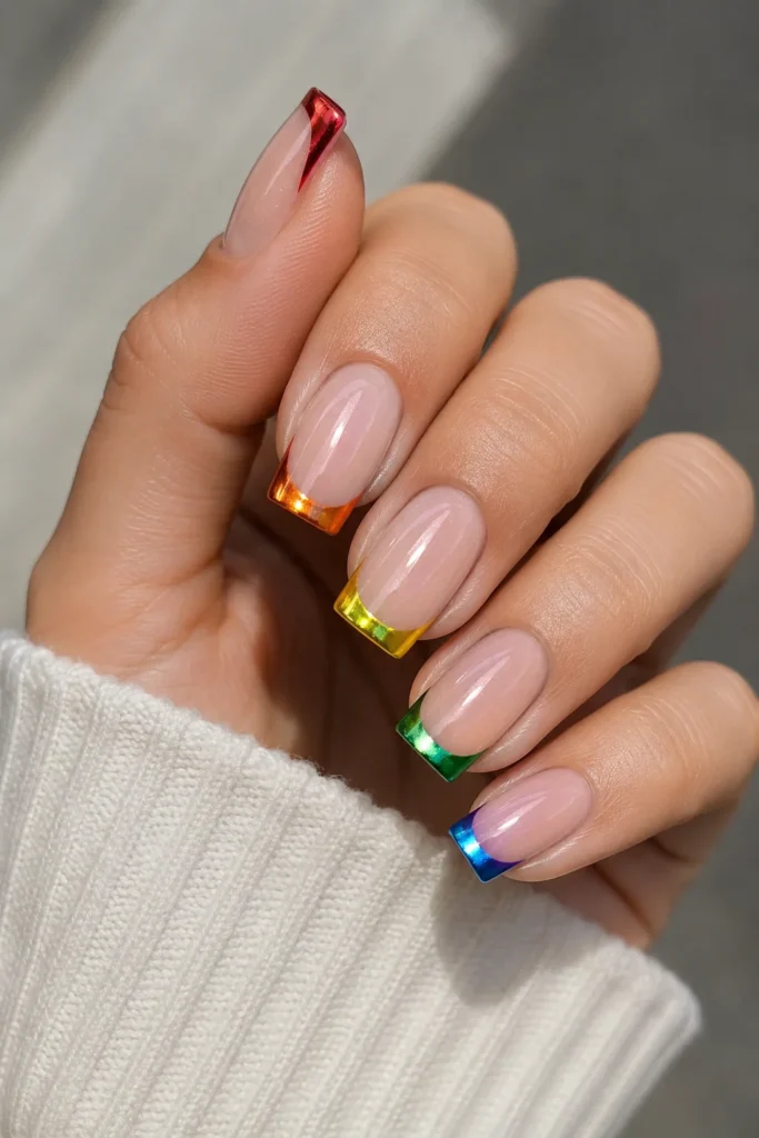 Rainbow French tip nails with multicolor arched tips on square shape