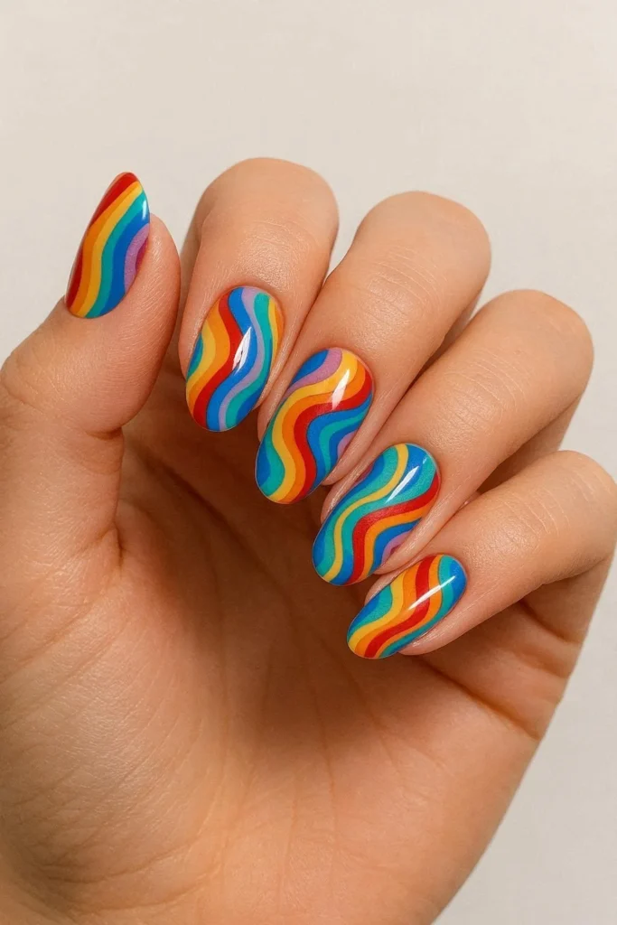 Rainbow pucci nails with multicolor abstract retro swirl patterns