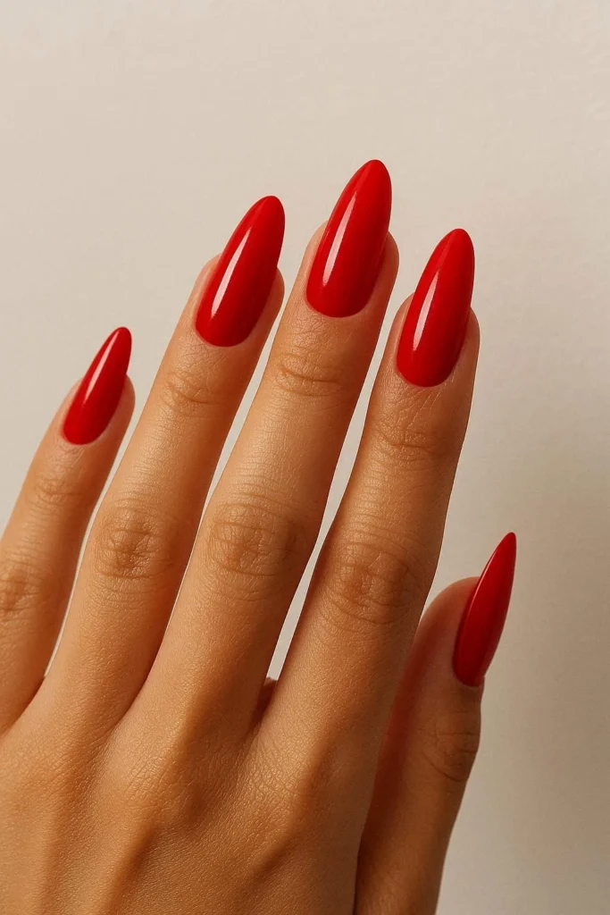 Bold red baddie nails with glossy high-shine fierce finish