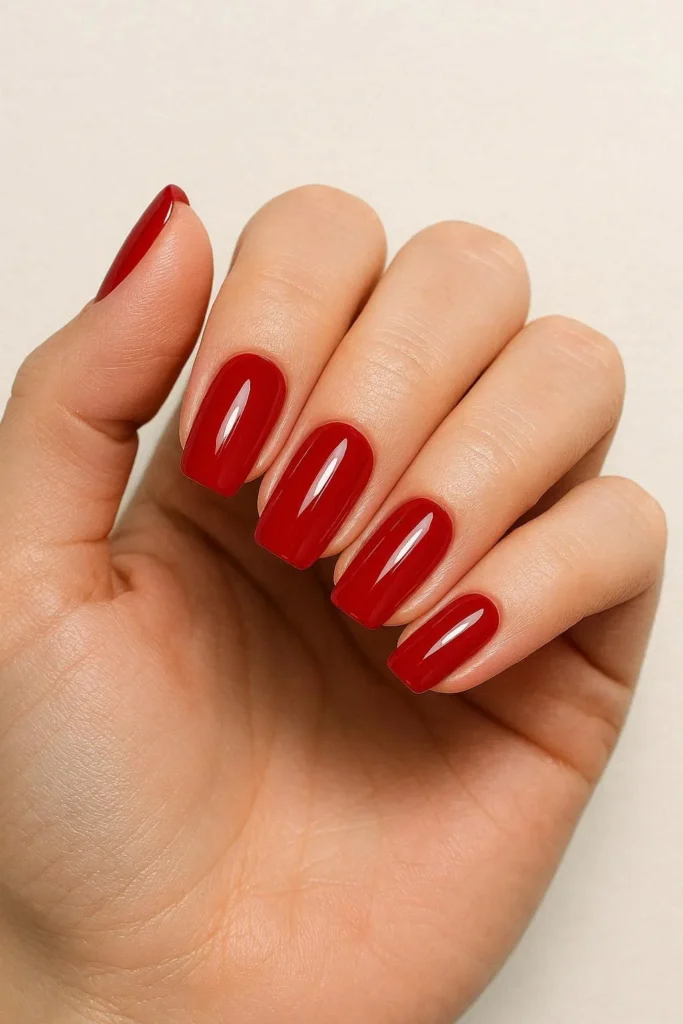 Bold glossy red cherry nails trending nail paint color